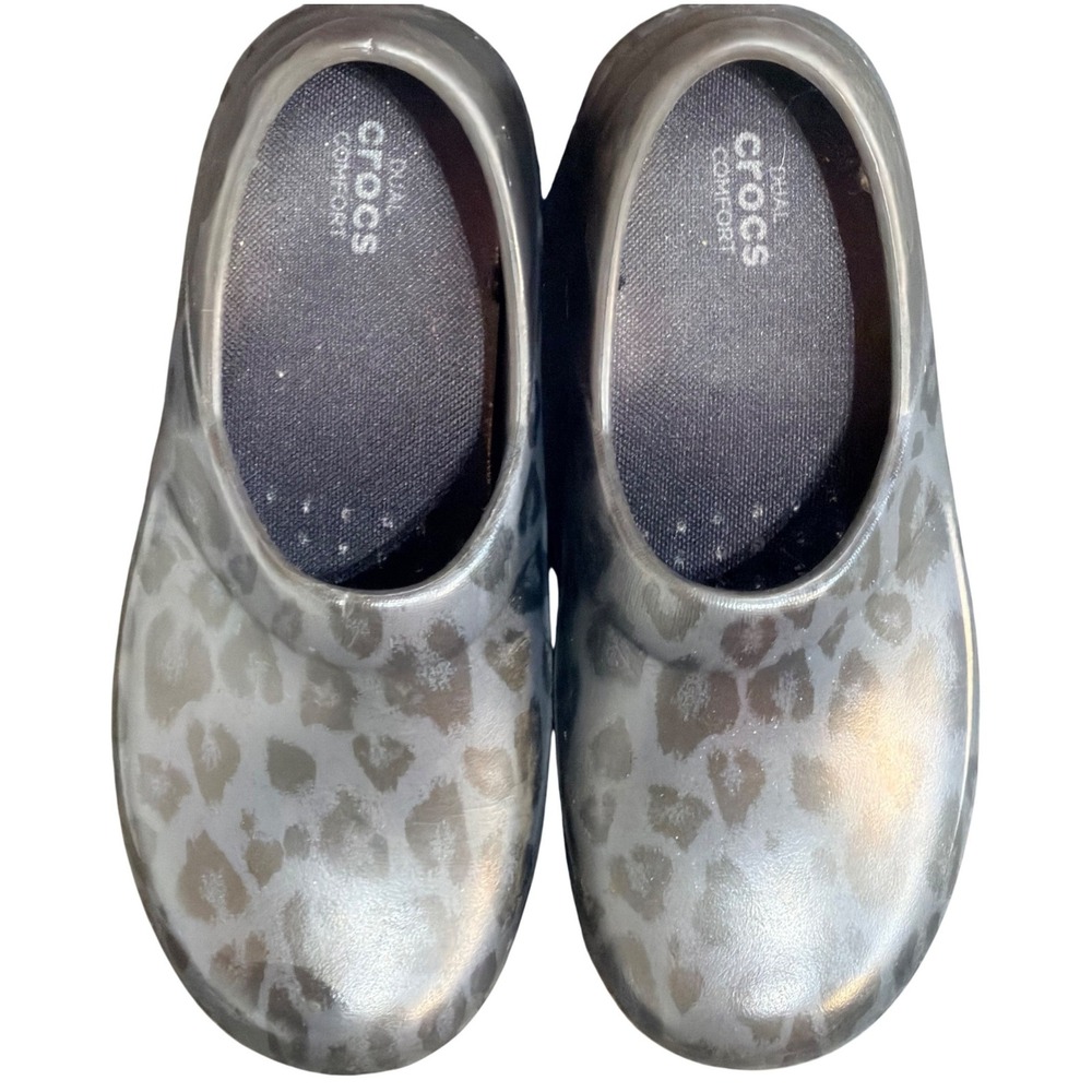 Crocs Neria Pro II Clogs Womens 9 Black Grey Leopard Slip Resistant Work Shoes